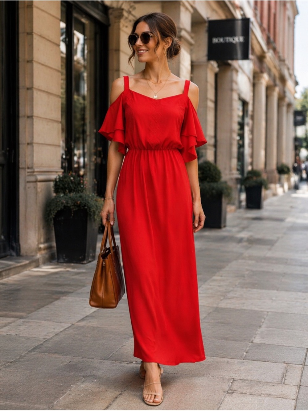 Gibson * Latimer Women's Red Embroidered Cold Shoulder Maxi Dress L